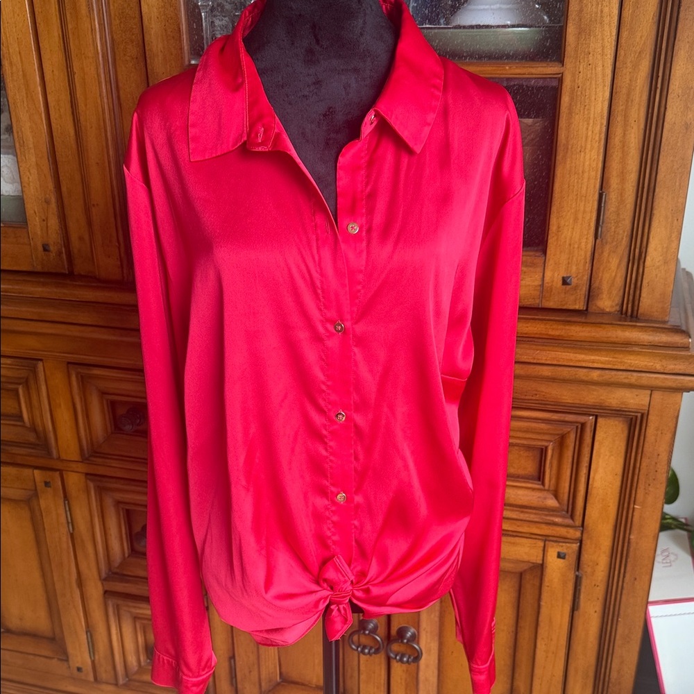 Bold Elements Vibrant Red Button-Down Silky Shirt - image 1